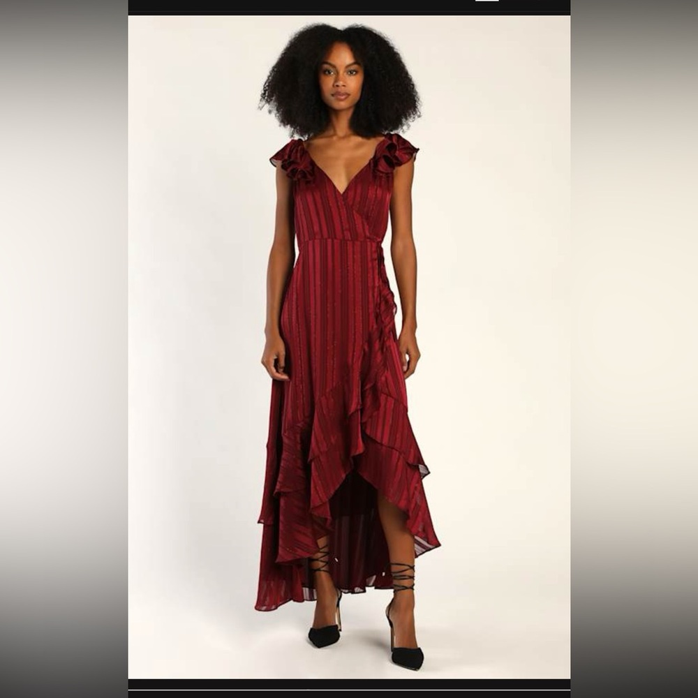 Lulus Wine Red Striped Lurex High-Low Wrap Dress